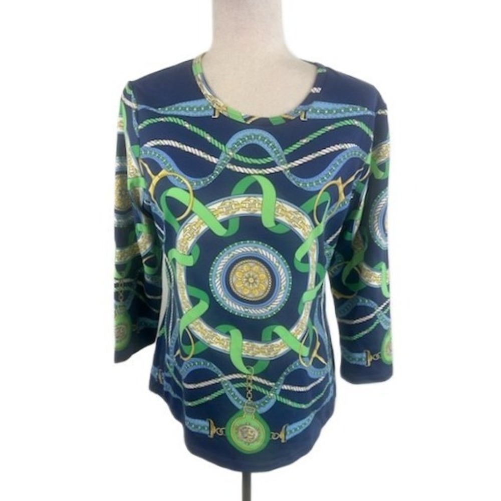 New J.McLaughlin Signature Tee 3/4 Sleeve Nautical Print Top Size Large $178 - Picture 2 of 6
